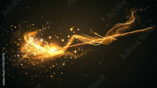 a magic wand with golden swirls and light effects on a dark background. Vector design element