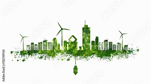 Ecofriendly energy and sustainable development concepts for Earth Day, A Green city illustration in the style of a vector hand on a white background