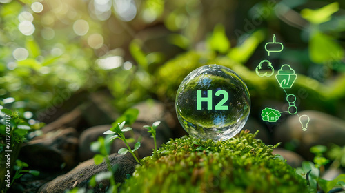 A crystal-clear bubble with an H2 symbol, representing hydrogen energy, floating above vibrant green moss, conveying a message of eco-friendly power