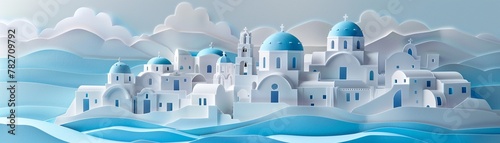Design a paper cut scene of the idyllic Greek island of Santorini, with its white buildings and blue domes
