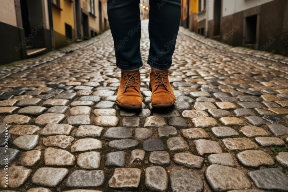 A traveler's feet on a charming cobblestone street