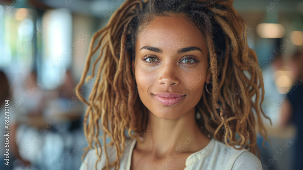 Obraz premium Woman with dreadlocks smiling at the camera during a meeting in a business office. Mature and professional business woman leading a corporate team towards success.