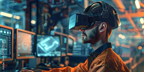 Engineer Solving Puzzles in a Futuristic Virtual Reality Workshop Exploring Innovative Solutions and Technological Breakthroughs photo