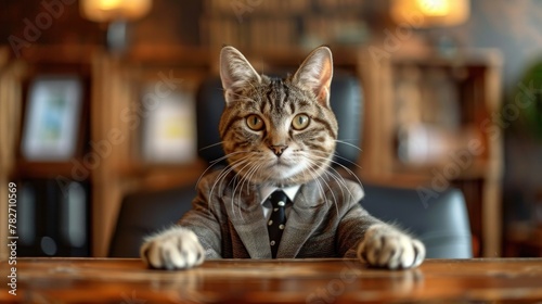 A cute cat in a smart business suit sits confidently at an executive's desk in a luxurious office. A cat in a stylish CEO outfit sits in an executive's office.