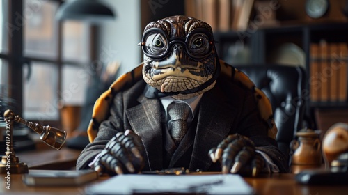 A turtle in a business suit sits confidently at an executive desk in a luxurious office. A turtle in a chic CEO outfit sits in an executive office with an antiquated and slow work concept.