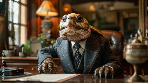 A turtle in a business suit sits confidently at an executive desk in a luxurious office. A turtle in a chic CEO outfit sits in an executive office with an antiquated and slow work concept. photo