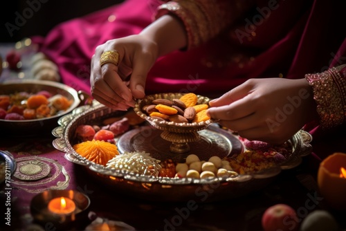 A woman is decorating a plate of food on a table