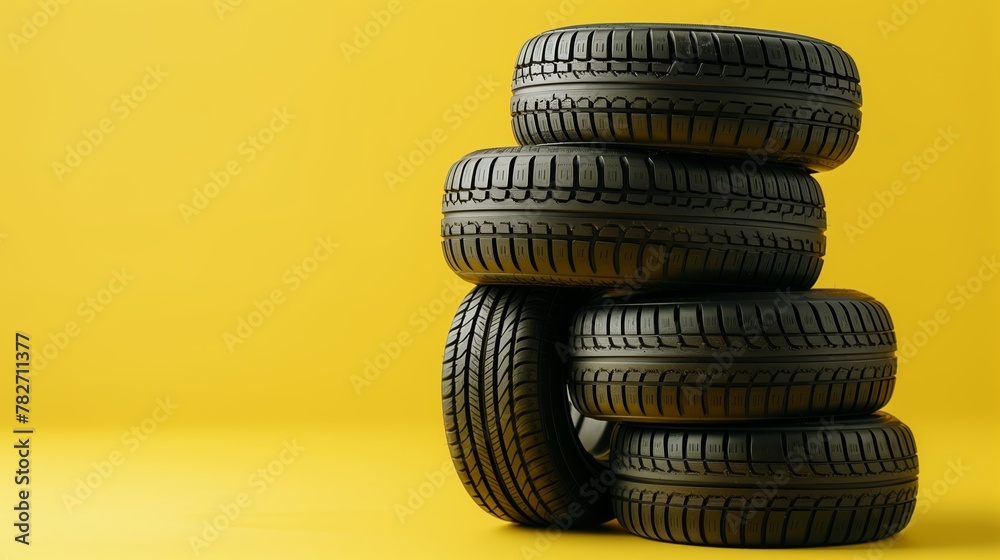 Stack of New Car Tires on Bright Yellow Background Stack of New Car Tires on Bright Yellow Background