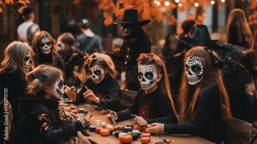 Group of children gathered around a table, painting Halloween-themed face masks