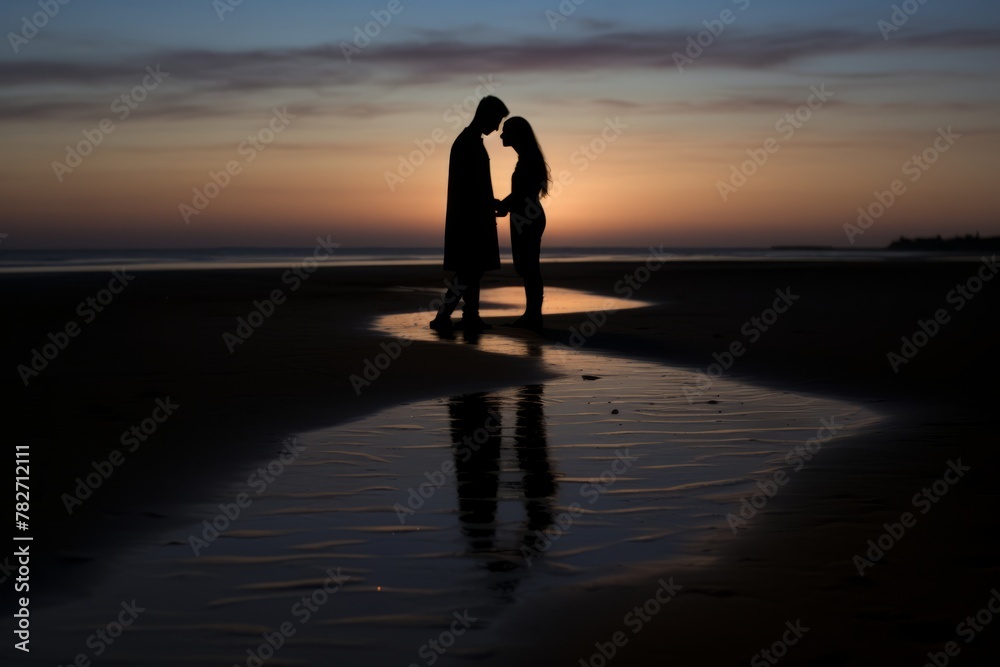 Fototapeta premium Lovers' shadows on a beach at twilight