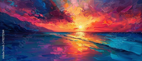 Oil painted abstract of a paradise beach at sunset, palette knife style, vibrant and colorful, on a vivid canvas, highlighted by dramatic lighting and rich highlights photo
