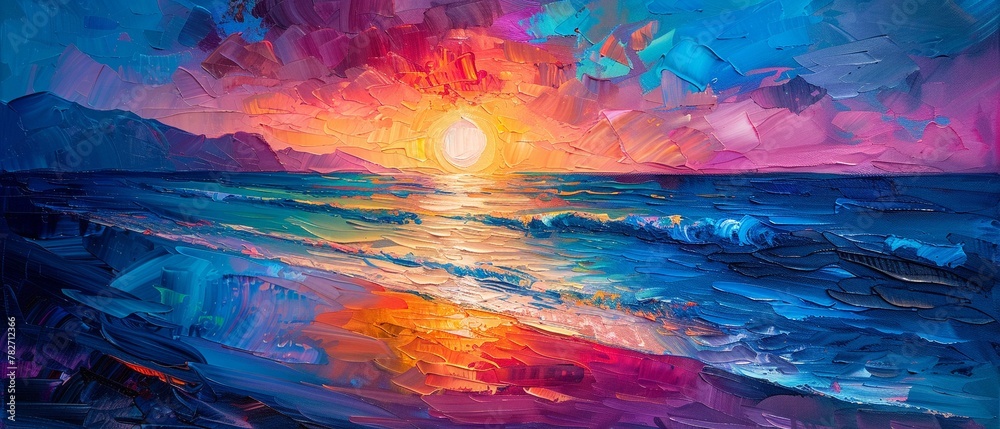 Oil painted abstract of a paradise beach at sunset, palette knife style, vibrant and colorful, on a vivid canvas, highlighted by dramatic lighting and rich highlights