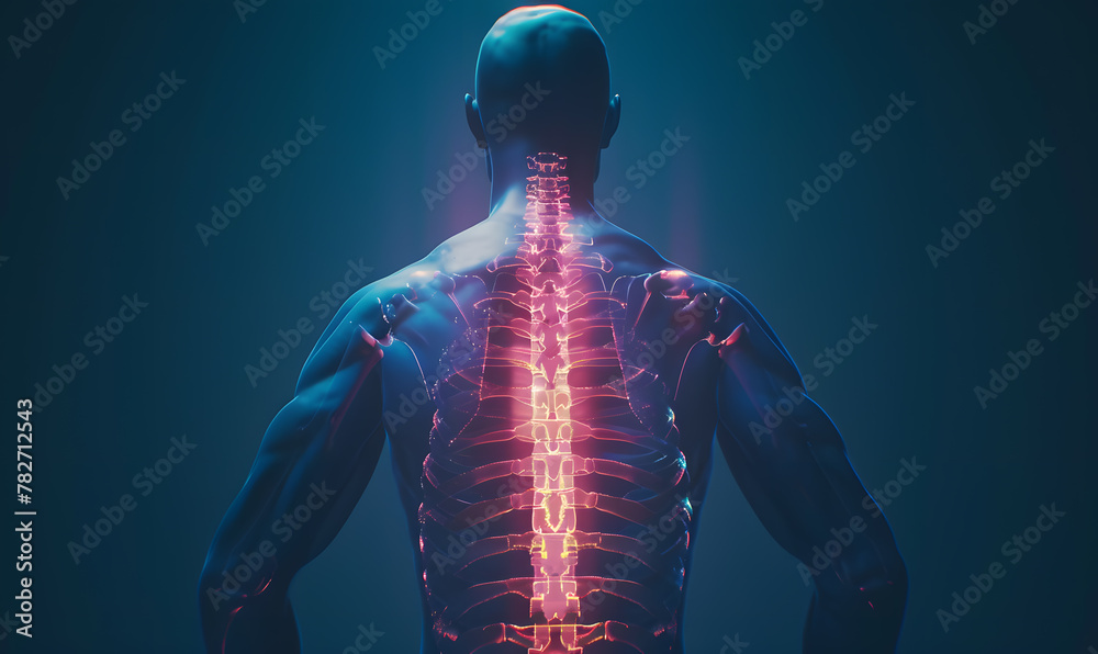 Acute pain in back, colored in red on dark blue background. Showing ...