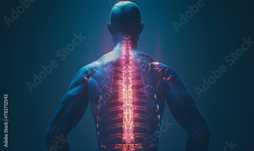 Acute pain in back, colored in red on dark blue background. Showing possible parts of spine where short-term pain can occur. photo