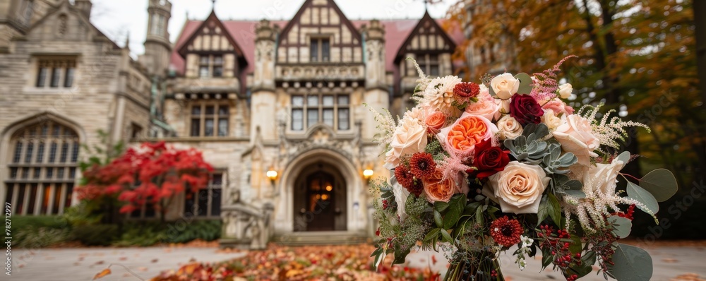Fototapeta premium Fairy tale castle wedding, autumn twilight, luxurious velvet and lace details, candlelit antique gold candelabras, and ethereal starry lighting