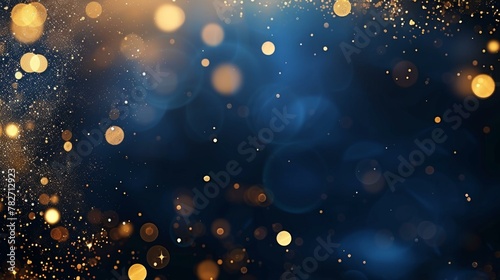An elegant abstract background that blends deep dark blue hues with shimmering golden particles. The scene is illuminated by Christmas golden lights  AI Generative
