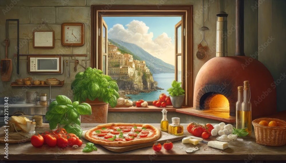 A Sorrento kitchen scene - traditional Neapolitan pizza in a brick oven, with fresh ingredients like tomatoes, basil, cheese