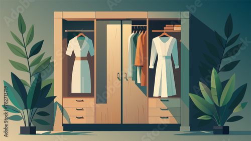 A charming scene of a wooden wardrobe adorned with leafshaped handles and filled with luxurious bamboo silk blouses linen trousers and hemp