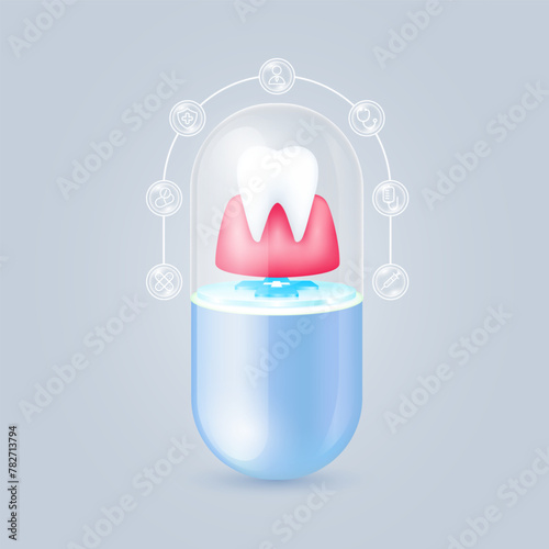 Gum teeth floating on cross symbols medical in transparent blue capsule pill. Doctor, syringe, shield, and stethoscope icons are the periphery. Medical organ protection and health care. Vector.