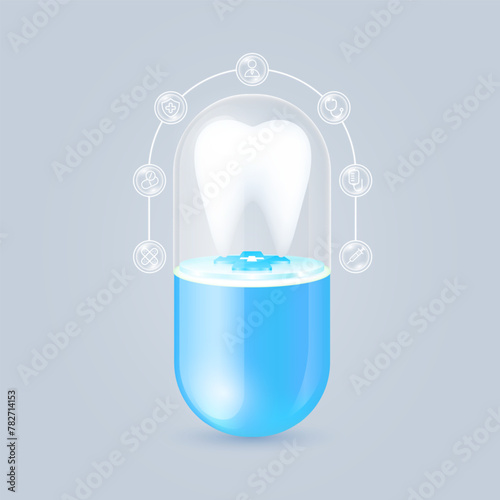 Tooth floating on cross symbols medical in transparent blue capsule pill. Doctor, syringe, shield, and stethoscope icons are the periphery. Medical organ protection and health care. Vector.