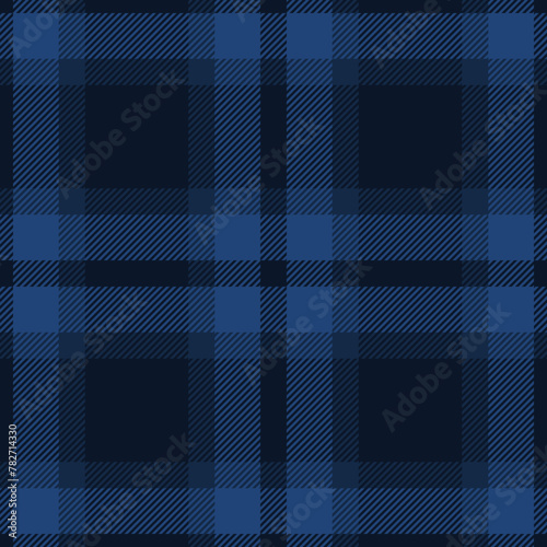 Dark navy blue tartan plaid pattern. Vector seamless check pattern for plaid fabric, flannel shirt, blanket, clothes, skirt, tablecloth, textile.