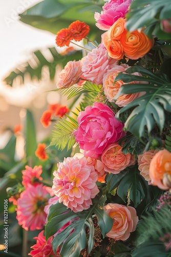 A bohemian bamboo arch adorned with lush greenery and vibrant florals complements the tropical beach wedding at sunrise