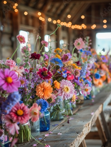 A whimsical barn wedding with wildflower arrangements, rustic tables, and fairy lights in a spring meadow