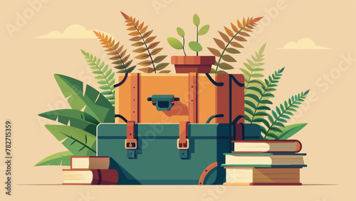 A vintage suitcase too damaged for travel now serves as a cozy home for a variety of dangling spider plants and lush ferns. The lid remains