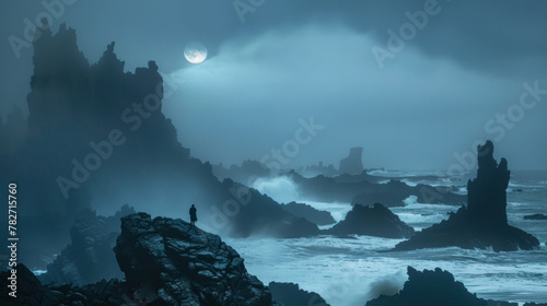 A misty moonlit shoreline with dark roiling waves crashing against jagged rocks. A lone figure stands on the edge staring out at the . .