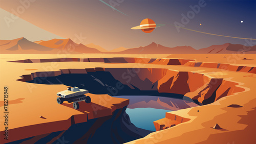 After hours of traversing through the rugged terrain the Mars Rover finally reached the edge of a massive crater. Peering over the edge it