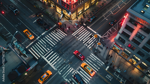 Nighttime Aerial View of Busy urban City Street with Traffic and Pedestrians. 