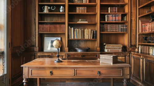 A home office is adorned with a mix of vintage and modern wooden furniture pieces. A traditional wooden desk sits next to a sleek wooden bookshelf showcasing an assortment of books .