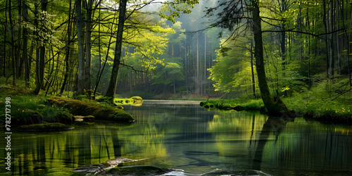  Tranquil Scene Calm and Peaceful Beautiful Nature Landscape with Trees, surrounded by river,