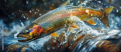 A rainbow trout leaping from a rushing river photo