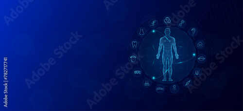 Anatomy of the human body. Organs male icon skin ear nose mouth. Health care medical innovation and science. Background banner design with empty space for text. Vector EPS10.