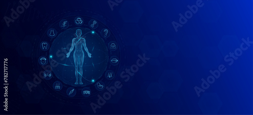 Anatomy of the human body. Organs male icon skin ear nose mouth. Health care medical innovation and science. Background banner design with empty space for text. Vector EPS10.