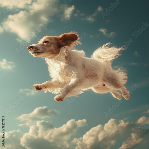 Capture the joy of flight as a dog takes to the skies in this charming remote-controlled aerial photography.AI generative technology ensures unparalleled clarity. photo