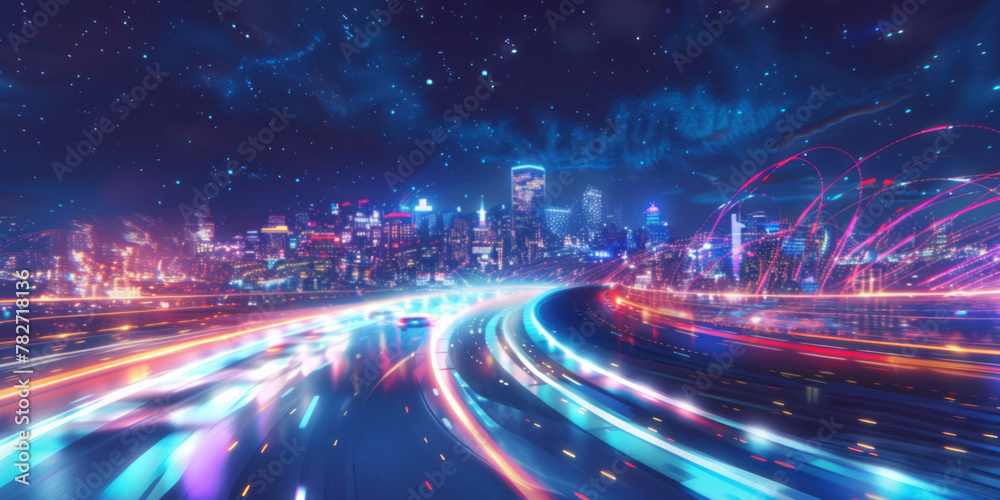 A digital background features a city skyline at night, with light trails representing fast cars on the highway, symbolizing speed and technology, set against a dark blue sky with stars. A digital background features a city skyline at night, with light trails representing fast cars on the highway, symbolizing speed and technology, set against a dark blue sky with stars.
