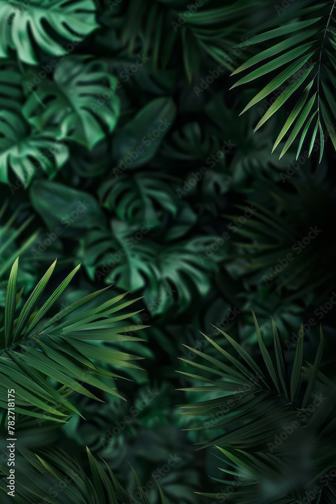 A closeup of leaves creates an atmosphere of mystery and intrigue in a dark green palm tree forest.