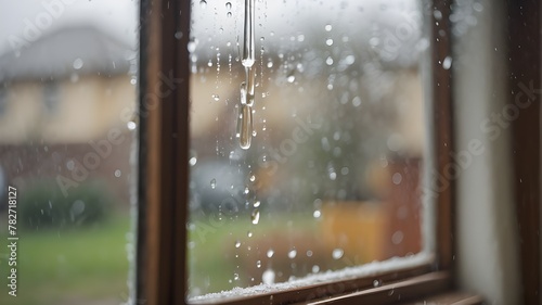 Subject Description: Close-up through window of rainy day with water dripping down glass