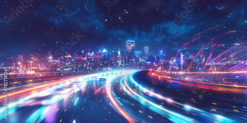 A digital background features a city skyline at night, with light trails representing fast cars on the highway, symbolizing speed and technology, set against a dark blue sky with stars.