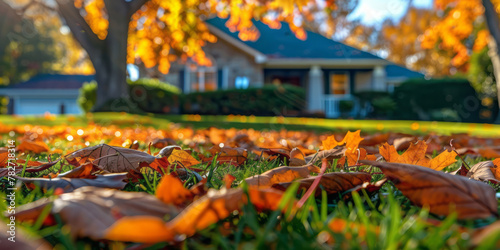 Fallen leaves on the grass in the front yard are in focus, with a house and trees visible in the background.