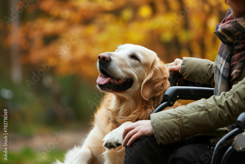 Witness the uplifting connection as a service dog provides invaluable companionship to a person with disabilities. A touching display of support and love. AI generative  photo