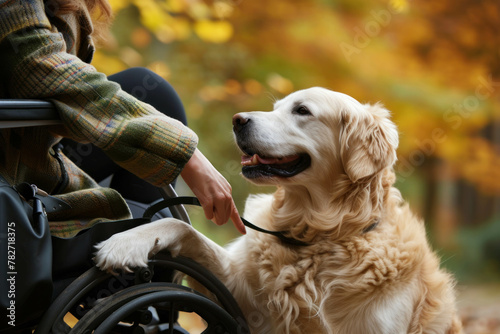 Witness the uplifting connection as a service dog provides invaluable companionship to a person with disabilities. A touching display of support and love. AI generative . photo