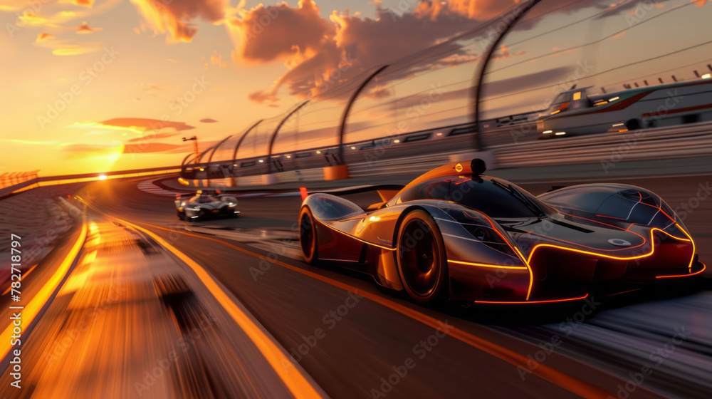 A racing car on the track, with a blurred background and a beautiful sunset in the sky, races along a road lined with black and white stripes.