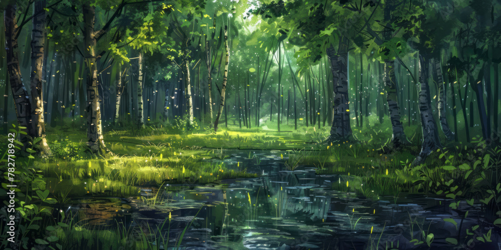 Obraz premium A serene forest scene features tall trees, lush green grass and water in the foreground, with the ground covered in small puddles of rainwater reflecting light from above.