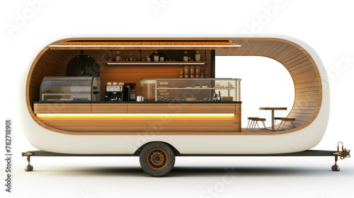 Transport yourself to a bygone era with this retro-inspired scene of a small cafe counter nestled in a vintage caravan trailer.AI generative technology adds a touch of magic. photo