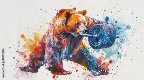 Playful watercolor of a bear weight lifting, cute and powerful, in a palette of bright, lively colors
