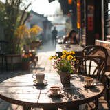 Escape into the picturesque charm of an outdoor coffee shop, where nature meets relaxation. AI generative technology ensures realism in every detail.