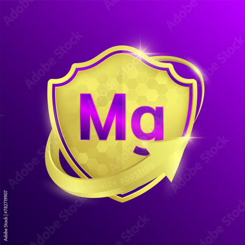 Magnesium minerals in shine gold shield surrounded by arrows. Vitamins immunity boosting. Symbol 3D isolated on purple background. Used for design dietary supplement products. Vector EPS 10.